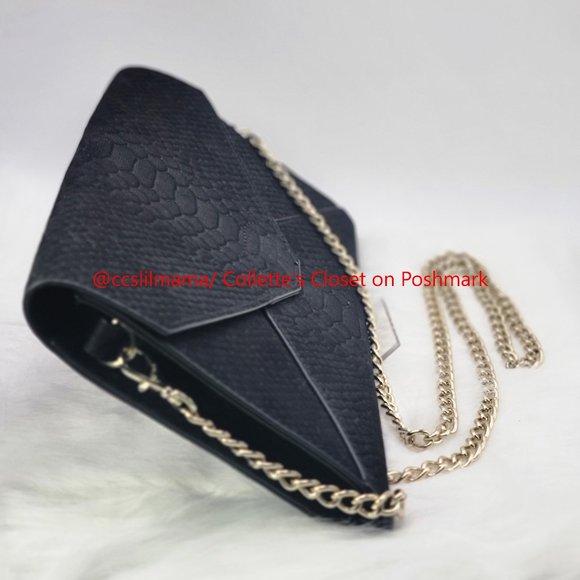 EUC - Old Navy Black Croc-embossed Evening Bag with Goldtone Chain Link Strap - Picture 3 of 9